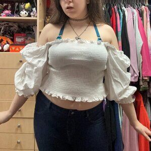 white stretchy cropped blouse with puffy sleeves!!